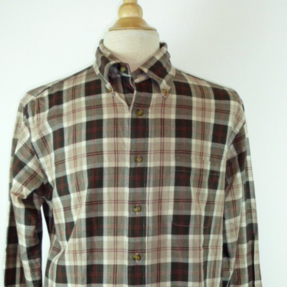 BROOKS BROTHERS FLANNEL wool cotton tan brown plaid SHIRT M button collar